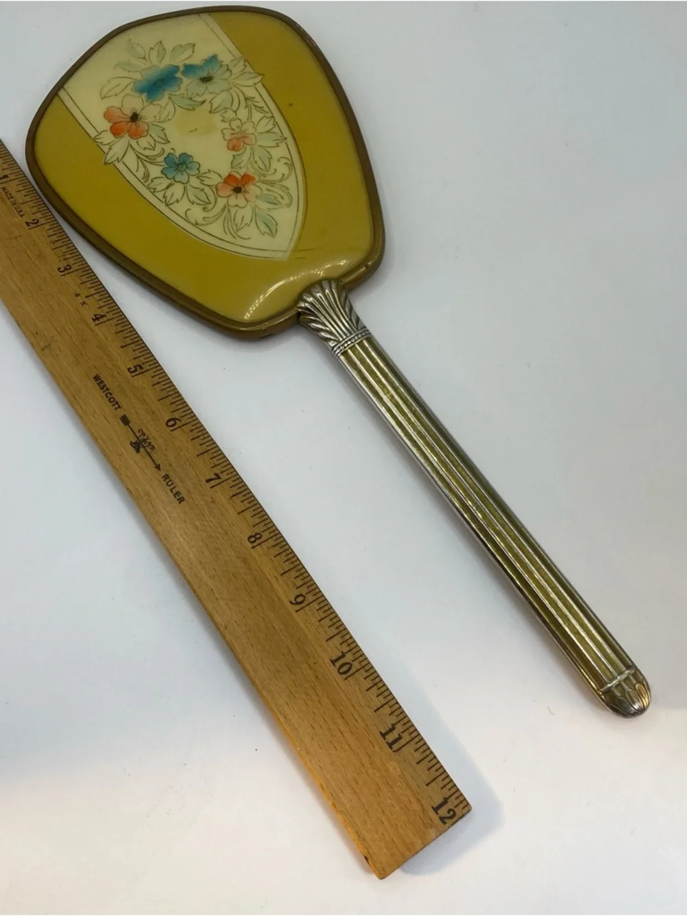 Vintage Gold Tone Floral Hollywood Regency Vanity Hand Mirror With Beveled Glass
